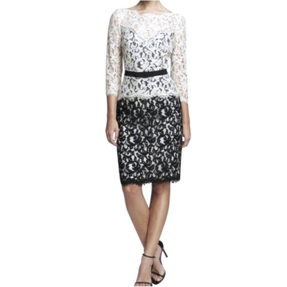 Tadashi Shoji Black Lace Illusion 3/4 Sleeve Dress Grosgrain Ribbon Belt Size 8